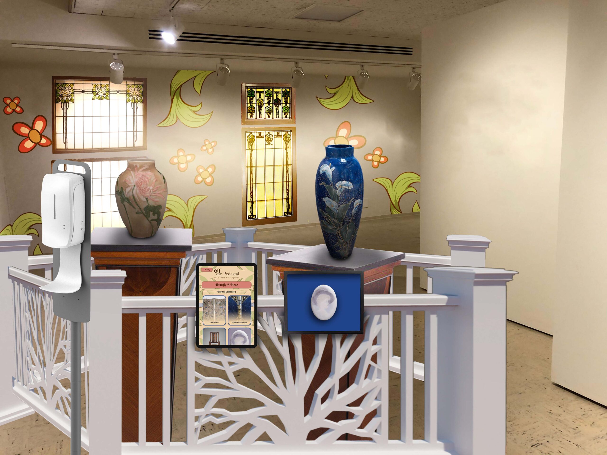 Photoshop of how the gallery would look in the space, including projections of stained glass windows and the central ceramics display with the stationary tablet and touch station, and hand sanitizer. 